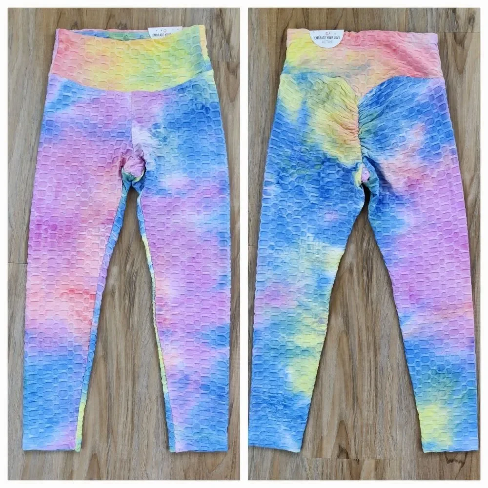 🔸️NWT Pastel Tie Dye Honeycomb Sports Bra & Pants Athletic Set Small